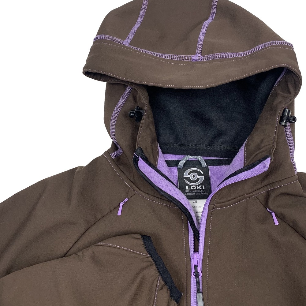 LOKI All In One Jacket Women’s XS Brown Purple Softshell Fleece Hooded Outdoor